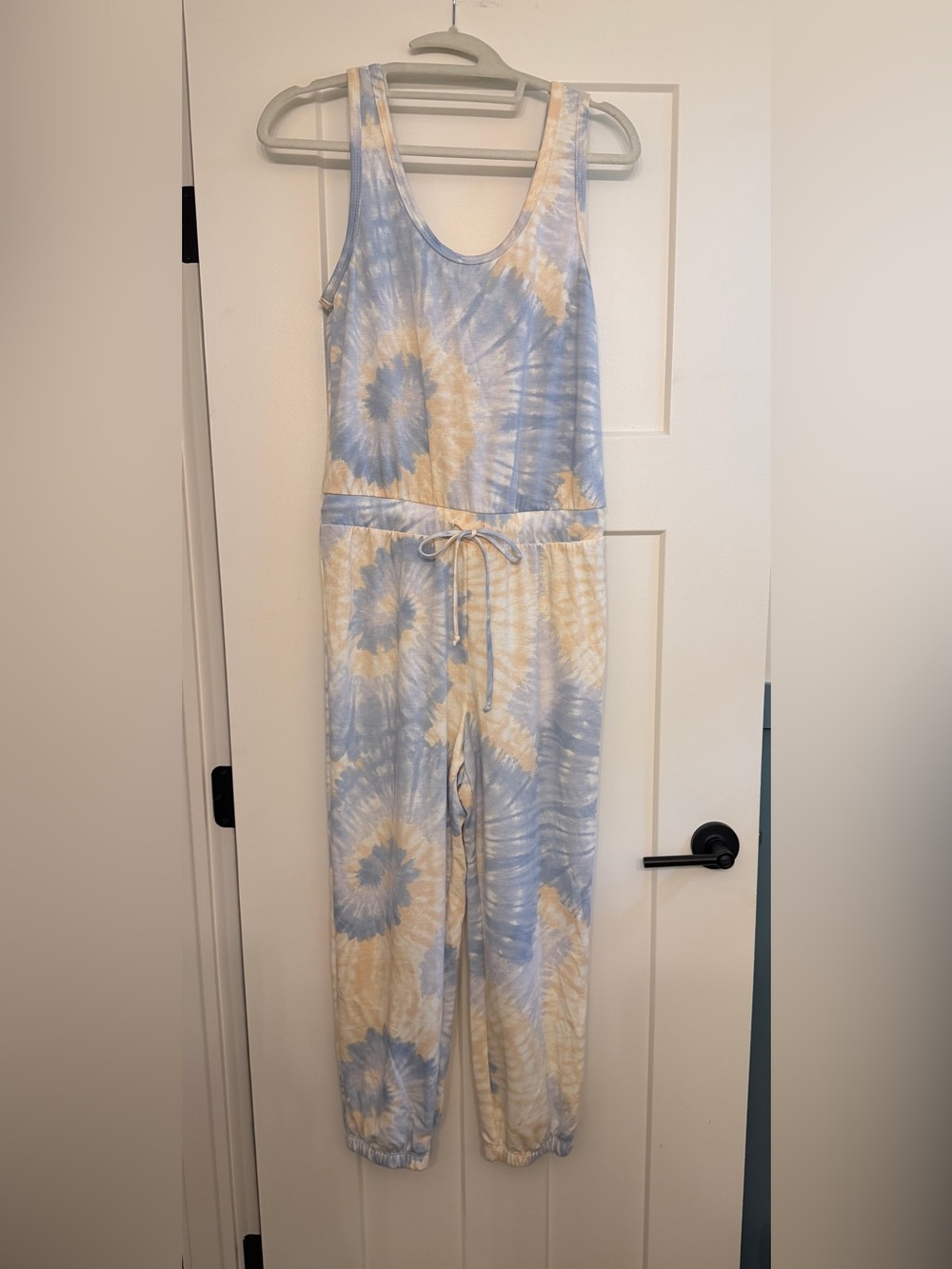 Anthropologie Brand Sleeveless Tie-Dye Drawstring Jumpsuit in Blue & Cream Small